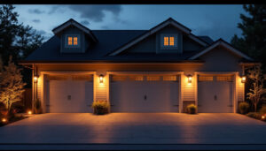 A photograph of a beautifully illuminated garage exterior at dusk