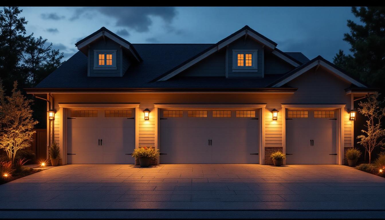 A photograph of a beautifully illuminated garage exterior at dusk