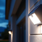 A photograph of a sleek solar led outdoor wall pack light mounted on a building exterior at dusk