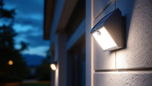 A photograph of a sleek solar led outdoor wall pack light mounted on a building exterior at dusk