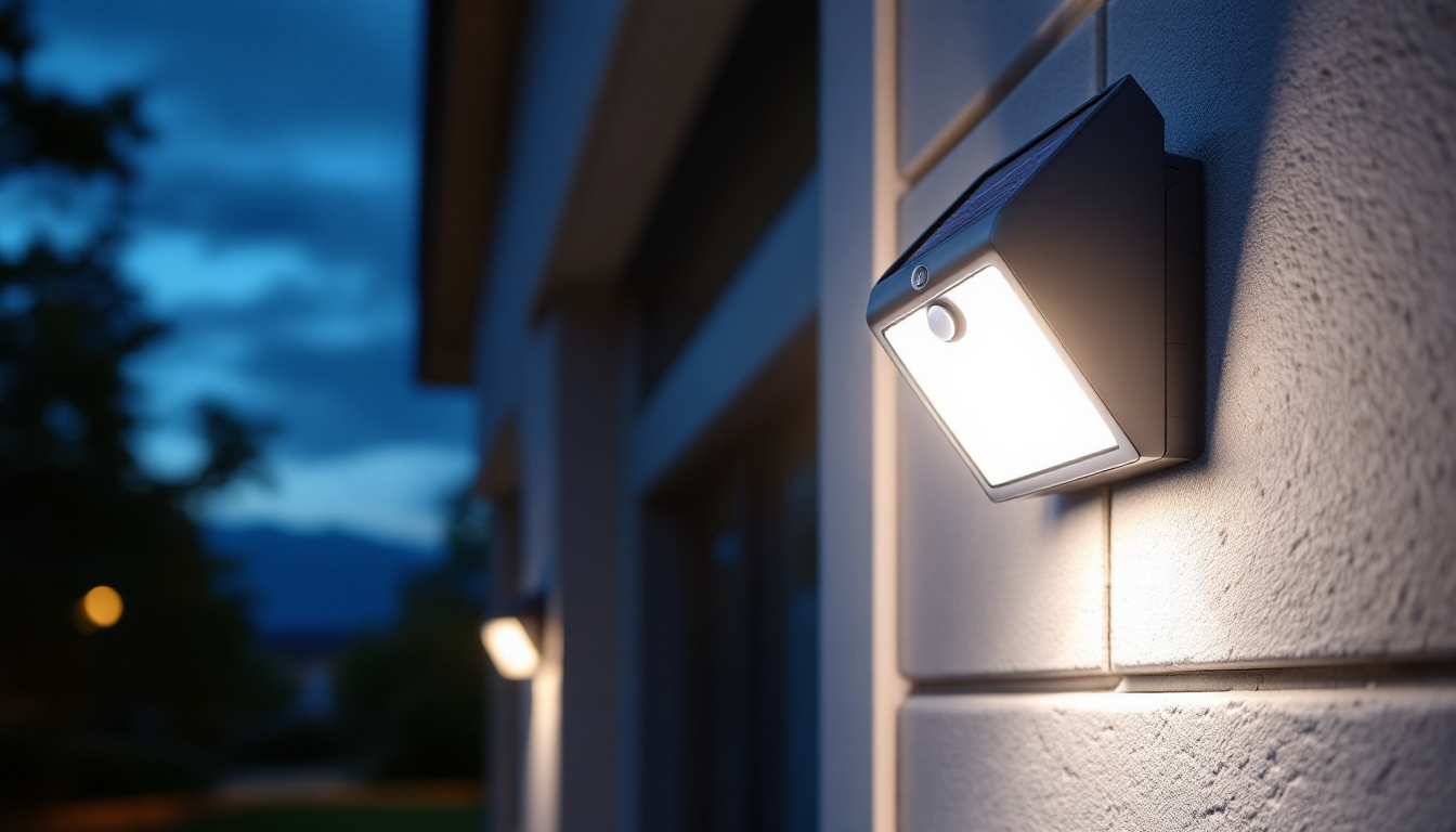 A photograph of a sleek solar led outdoor wall pack light mounted on a building exterior at dusk