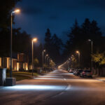 A photograph of a well-lit outdoor scene showcasing various types of flood lights in use