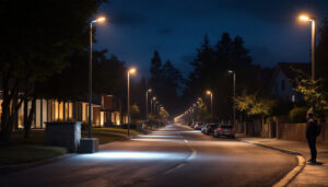 A photograph of a well-lit outdoor scene showcasing various types of flood lights in use