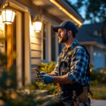 A photograph of a skilled lighting contractor installing or adjusting outdoor solar security lights in a residential setting