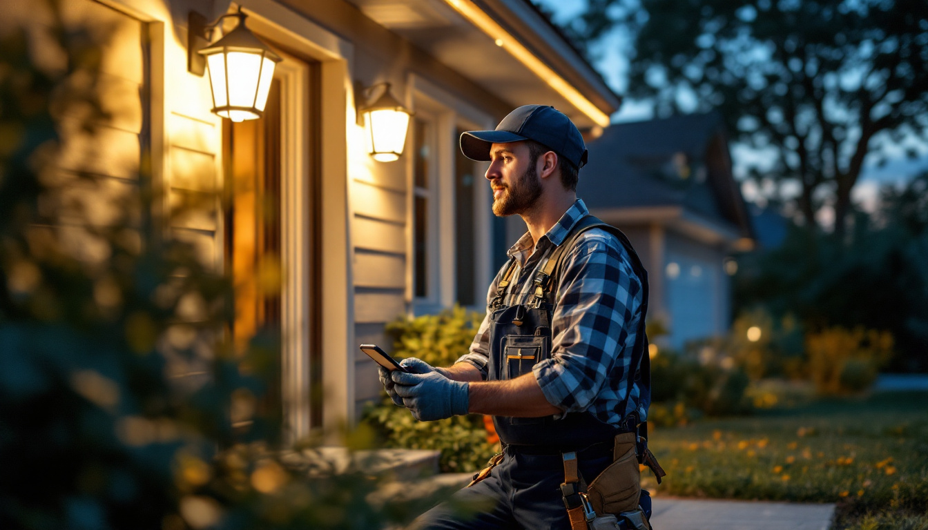 A photograph of a skilled lighting contractor installing or adjusting outdoor solar security lights in a residential setting