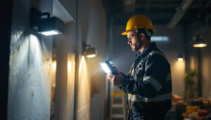 A photograph of a lighting contractor installing energy-efficient block flood lights in a commercial setting