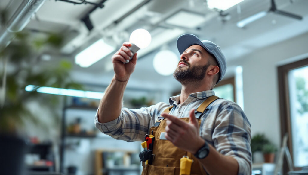 A photograph of a lighting contractor expertly installing or comparing fluorescent and led light bulbs in a well-lit space