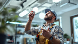 A photograph of a lighting contractor expertly installing or comparing fluorescent and led light bulbs in a well-lit space