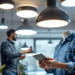 A photograph of a lighting contractor examining various modern ceiling light fixtures in a well-lit