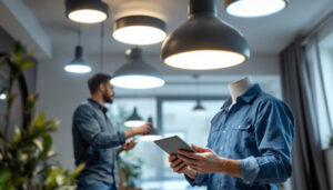 A photograph of a lighting contractor examining various modern ceiling light fixtures in a well-lit