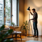 A photograph of a stylish floor lamp in a well-lit interior setting