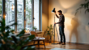 A photograph of a stylish floor lamp in a well-lit interior setting