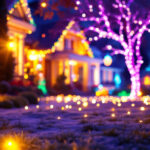 A photograph of a beautifully lit outdoor scene featuring vibrant christmas projection lights illuminating a home or garden