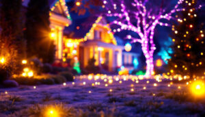 A photograph of a beautifully lit outdoor scene featuring vibrant christmas projection lights illuminating a home or garden