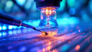 A photograph of a close-up of a suntan bed bulb being installed or replaced by a lighting contractor