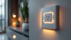 A photograph of a modern electric outlet integrated with smart lighting features