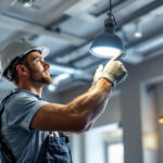 A photograph of a lighting contractor installing or showcasing led overhead light fixtures in a commercial or residential setting