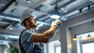 A photograph of a lighting contractor installing or showcasing led overhead light fixtures in a commercial or residential setting