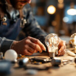 A photograph of a lighting contractor examining various light bulb types and their specifications in a well-lit workspace