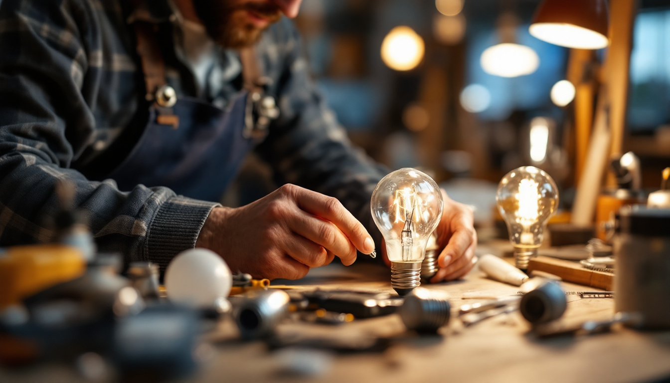 A photograph of a lighting contractor examining various light bulb types and their specifications in a well-lit workspace