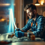 A photograph of a lighting contractor installing t 100 light strips in a modern residential setting