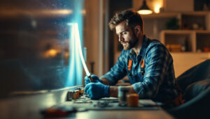 A photograph of a lighting contractor installing t 100 light strips in a modern residential setting