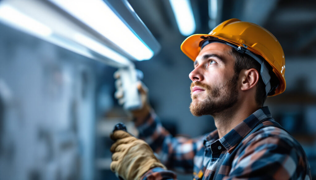 A photograph of a lighting contractor expertly installing or adjusting a fluorescent lamp in a well-lit workspace