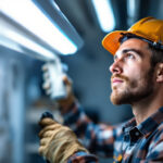 A photograph of a lighting contractor expertly installing or adjusting a fluorescent lamp in a well-lit workspace