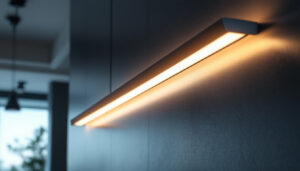 A photograph of a modern linear light fixture installed in a stylish interior setting