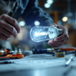 A photograph of a lighting contractor working in a well-lit space