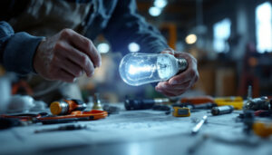 A photograph of a lighting contractor working in a well-lit space