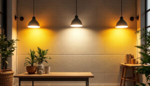 A photograph of a well-lit interior space showcasing various light fixtures at different brightness levels