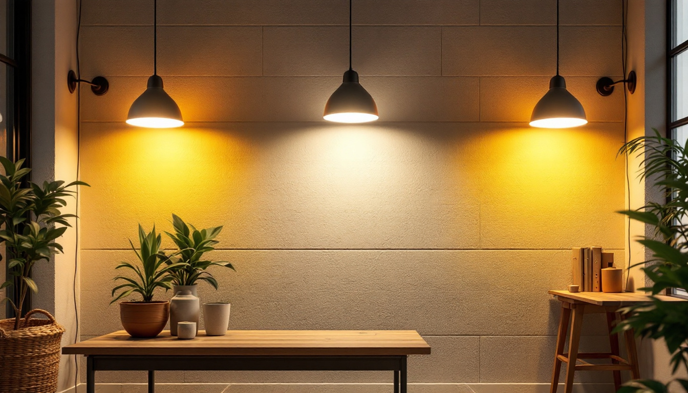A photograph of a well-lit interior space showcasing various light fixtures at different brightness levels