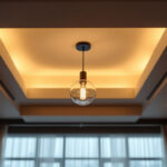 A photograph of a beautifully designed dining room ceiling featuring stylish light fixtures