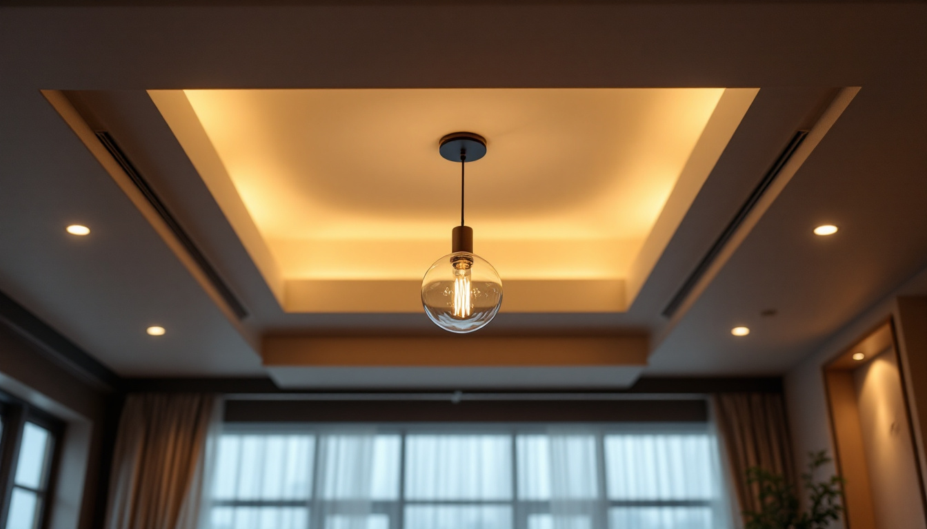 A photograph of a beautifully designed dining room ceiling featuring stylish light fixtures