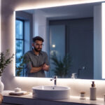 A photograph of a beautifully illuminated bathroom mirror featuring integrated led lights