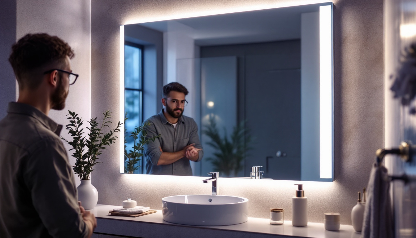 A photograph of a beautifully illuminated bathroom mirror featuring integrated led lights