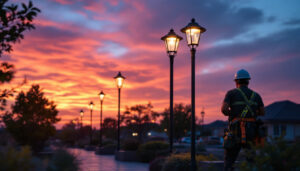 A photograph of a well-lit outdoor space featuring elegant light posts