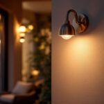 A photograph of capture a photograph of a stylish bronze gooseneck sconce elegantly illuminating an outdoor space