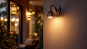 A photograph of capture a photograph of a stylish bronze gooseneck sconce elegantly illuminating an outdoor space