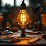 A photograph of a vintage-style electric light bulb glowing warmly in a dimly lit setting
