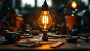 A photograph of a vintage-style electric light bulb glowing warmly in a dimly lit setting