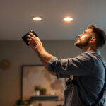 A photograph of a skilled lighting contractor expertly installing or adjusting recessed can lights in a modern
