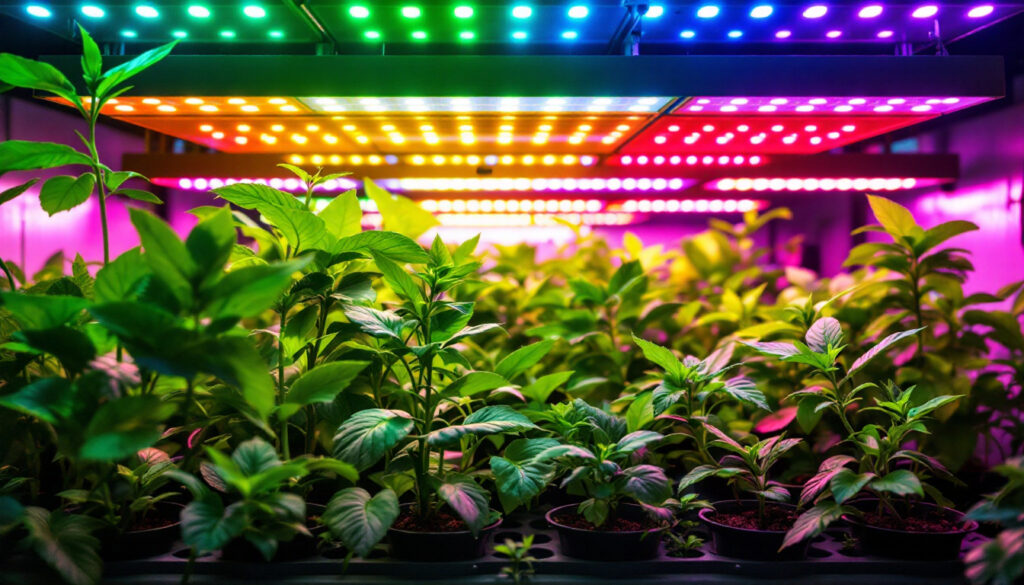 A photograph of a vibrant indoor garden illuminated by an array of colorful led grow lights