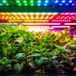 A photograph of a vibrant indoor garden illuminated by an array of colorful led grow lights