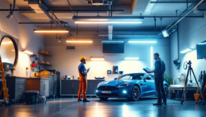 A photograph of a well-lit garage interior showcasing various led lighting options