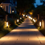 A photograph of a beautifully illuminated sidewalk at dusk