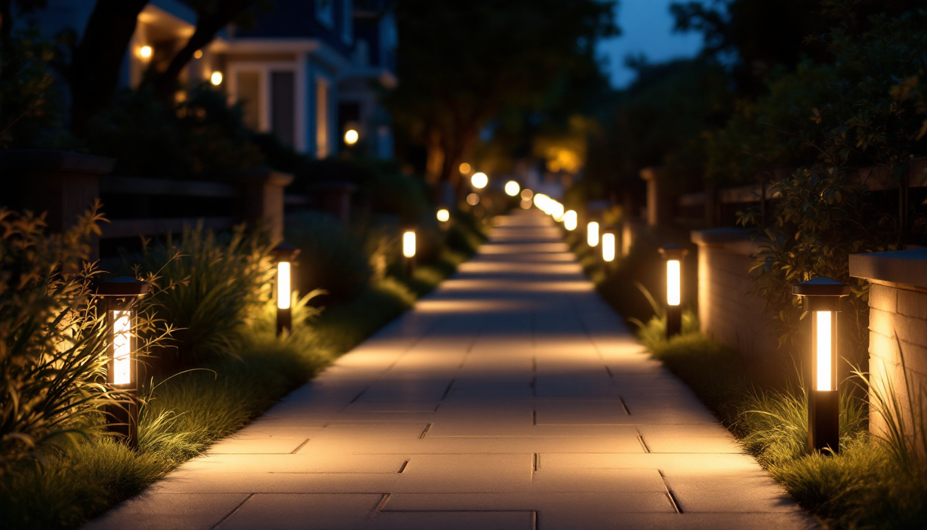 A photograph of a beautifully illuminated sidewalk at dusk