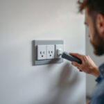 A photograph of capture a photograph of a lighting contractor installing lumina electric outlets in a modern home setting