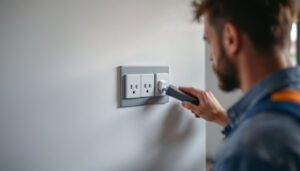 A photograph of capture a photograph of a lighting contractor installing lumina electric outlets in a modern home setting